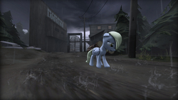 Size: 4800x2700 | Tagged: safe, artist:photomix3r, derpy hooves, pony, g4, 3d, alone, building, factory, female, high res, log, poster, rain, sad, saddle bag, solo, source filmmaker, telephone pole, tree, wood