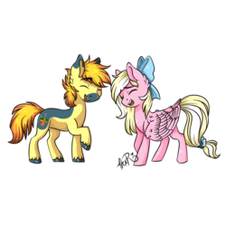 Size: 1024x1024 | Tagged: safe, artist:o-alexr-o, oc, oc only, oc:bay breeze, oc:yaktan, earth pony, pegasus, pony, bow, duo, eyes closed, female, hair bow, happy, laughing, male, mare, simple background, stallion, tail bow, transparent background