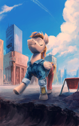 Size: 3000x4787 | Tagged: safe, artist:hunternif, oc, oc only, pegasus, pony, fallout equestria, building, clothes, cloud, commission, content, eyes closed, high res, male, pipbuck, sky, smiling, solo, stallion