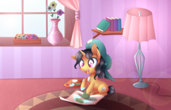 Size: 4200x2712 | Tagged: safe, artist:scarlet-spectrum, fresh coat, pony, unicorn, g4, backwards ballcap, baseball cap, book, bookshelf, cap, clothes, curtains, cute, female, filly, floppy ears, flower, hat, high res, hoof painting, lamp, lens flare, oversized clothes, paint, paint on fur, painting, paper, smiling, solo, vase, weapons-grade cute, window, younger