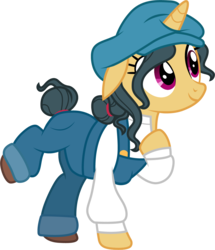 Size: 1001x1165 | Tagged: safe, artist:cloudy glow, fresh coat, pony, unicorn, g4, atlantis: the lost empire, audrey ramirez, clothes, clothes swap, cosplay, costume, crossover, cute, disney, female, hat, mare, ponified, raised leg, simple background, smiling, solo, transparent background, vector
