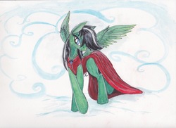 Size: 2333x1701 | Tagged: safe, artist:scribblepwn3, oc, oc only, pegasus, pony, clothes, cloud, commission, dress, female, pen drawing, red dress, solo, traditional art, watercolor painting