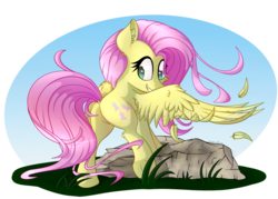Size: 1400x1000 | Tagged: safe, artist:sentireaeris, fluttershy, pegasus, pony, g4, butt, feather, featureless crotch, female, grass, happy, looking back, mare, plot, rock, simple background, smiling, solo, spread wings, transparent background, wings