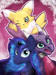 Size: 2621x3500 | Tagged: safe, artist:gab0o0, princess luna, dragon, pony, renamon, g4, crossover, cynder, digimon, dragoness, female, high res, looking at you, male, mare, pink background, simple background, spyro the dragon (series), the legend of spyro, trio