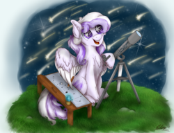 Size: 1280x985 | Tagged: safe, artist:check3256, oc, oc only, oc:starstorm slumber, pegasus, pony, adorkable, cute, dork, fluffy, shooting star, solo, starry eyes, telescope, wing hands, wingding eyes
