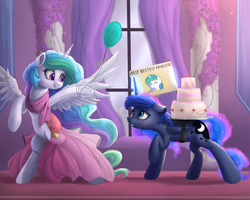 Size: 1000x800 | Tagged: safe, artist:vanillaghosties, princess celestia, princess luna, alicorn, pony, g4, balloon, best princess, bound wings, cake, celestia day, clothes, cute, cutelestia, dessert, dress, duo, female, food, mare, present, raised hoof, rearing, royal sisters, siblings, sisters, smiling, spread wings, underhoof, wings