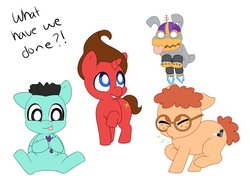 Size: 941x677 | Tagged: safe, artist:lazycast, dog, earth pony, pegasus, pony, robot, unicorn, :p, action figure, carl wheezer, flying, glasses, goddard, inhaler, jimmy neutron, jimmy neutron: boy genius, ponified, robot dog, sheen estévez, simple background, sneezing, tongue out, ultra lord, what has science done, white background