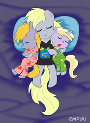 Size: 733x1000 | Tagged: safe, artist:empyu, crackle pop, derpy hooves, dinky hooves, pegasus, pony, unicorn, g4, bed, clothes, colt, cracklebetes, cute, derpabetes, dinkabetes, equestria's best mother, female, filly, male, mare, mother and daughter, mother and son, pajamas, pillow, sleeping, smiling, trio, yawn