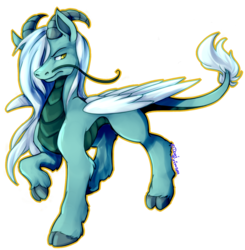 Size: 1114x1136 | Tagged: safe, artist:dogi-crimson, oc, oc only, oc:aeolus, kirin, pony, cloven hooves, horns, long mane, male, outline, ram horns, scaled underbelly, scowl, simple background, solo, transparent background, whiskers, wings