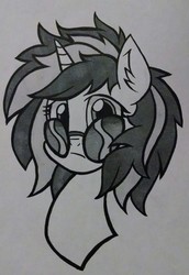 Size: 2207x3210 | Tagged: safe, artist:php92, dj pon-3, vinyl scratch, pony, unicorn, g4, bust, ear fluff, female, glasses off, high res, mare, monochrome, portrait, solo, traditional art