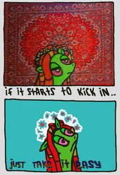 Size: 736x1075 | Tagged: safe, artist:grinwild, tree hugger, earth pony, pony, g4, bloodshot eyes, carpet, comic, dialogue, drugs, female, floral head wreath, flower, high, paper child, solo