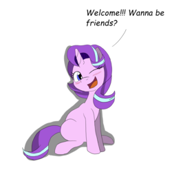 Size: 3000x3000 | Tagged: safe, artist:unfairity, starlight glimmer, pony, unicorn, g4, blushing, bronybait, dialogue, female, friendship, high res, one eye closed, open mouth, simple background, sitting, smiling, solo, white background, wink