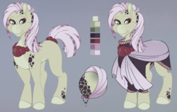 Size: 2700x1707 | Tagged: safe, artist:rottingroot, oc, oc only, oc:onida, earth pony, pony, beads, clothes, female, jewelry, missing cutie mark, necklace, reference sheet, short tail