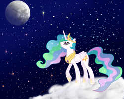 Size: 2500x2000 | Tagged: safe, artist:bluuleopard, princess celestia, alicorn, pony, g4, female, high res, mare in the moon, moon, open mouth, raised hoof, solo, space