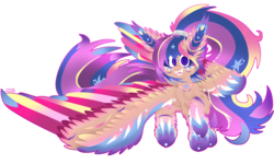 Size: 1024x616 | Tagged: safe, artist:vanillaswirl6, oc, oc only, oc:evening sparkle, pegasus, pony, big ears, chest fluff, colored eyelashes, colored pupils, commission, ear fluff, female, fluffy, happy, hoof fluff, large wings, looking at you, mare, offspring, open mouth, outline, parent:flash sentry, parent:twilight sparkle, parents:flashlight, photoshop, ponytail, rainbow power, rainbow power-ified, sharp teeth, simple background, solo, spread wings, teeth, transparent background, wings