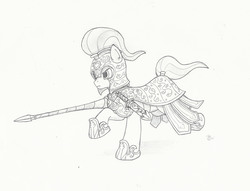 Size: 2603x1985 | Tagged: safe, artist:sensko, crystal pony, pony, armor, black and white, dagger, grayscale, lance, monochrome, pencil drawing, simple background, sketch, traditional art, weapon, white background