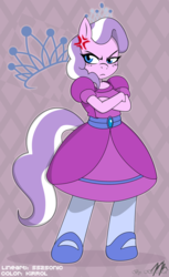 Size: 900x1475 | Tagged: safe, artist:kirrol, artist:ss2sonic, color edit, edit, diamond tiara, earth pony, anthro, unguligrade anthro, g4, angry, annoyed, clothes, colored, cross-popping veins, crossed arms, cute, cutie mark background, diamondbetes, dress, female, grumpy, pointe, sash, shoes, signature, solo