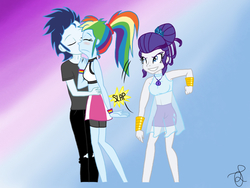 Size: 1024x768 | Tagged: safe, artist:ilaria122, rainbow dash, rarity, soarin', equestria girls, g4, clothes, compression shorts, draw the squad, equestria girls-ified, hair bun, high five, low five, male, midriff, ponytail, ripped pants, see-through, ship:soarindash, shipping, skirt, straight