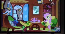 Size: 665x351 | Tagged: safe, screencap, discord, fluttershy, pony, discordant harmony, g4, boomerang (tv channel), fluttershy's cottage, photo, picture of a screen, television
