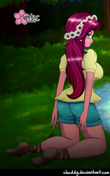 Size: 626x1000 | Tagged: safe, artist:clouddg, gloriosa daisy, equestria girls, g4, my little pony equestria girls: legend of everfree, ass, breasts, busty gloriosa daisy, butt, clothes, female, floral head wreath, flower, flower in hair, glori-ass, grass, kneeling, legs, looking at you, looking back, looking back at you, outdoors, pond, scenery, sexy, shorts, sideboob, signature, solo, stupid sexy gloriosa daisy, thighs