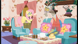 Size: 961x541 | Tagged: safe, screencap, discord, fluttershy, draconequus, pegasus, pony, discordant harmony, g4, boomerang (tv channel), discord's house, duo, fading, female, food, male, mare, transparent
