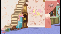 Size: 961x541 | Tagged: safe, screencap, fluttershy, pegasus, pony, discordant harmony, g4, my little pony: friendship is magic, boomerang (tv channel), female, mare, solo, stairs