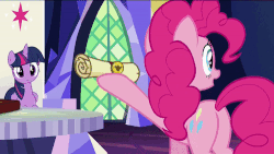 Size: 500x281 | Tagged: safe, screencap, pinkie pie, twilight sparkle, alicorn, pony, g4, not asking for trouble, animated, book, cutie mark, discovery family logo, female, friendship throne, gif, magic, telekinesis, throne, tongue out, twilight sparkle (alicorn), twilight's castle