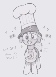 Size: 1027x1410 | Tagged: safe, artist:lockerobster, earth pony, pony, apron, army helmet, chef's hat, clothes, dialogue, female, floppy ears, hat, helmet, korean, looking at you, mare, monochrome, pun, sergeant reckless, smiling, solo, sparkling, traditional art, warpone