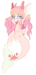 Size: 761x1568 | Tagged: safe, artist:adostume, oc, oc only, oc:amatheia, crab, merpony, pony, seapony (g4), blue eyes, female, fish tail, open mouth, open smile, pink mane, simple background, smiling, solo, tail, white background, wings