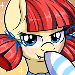 Size: 2000x2000 | Tagged: safe, artist:xwhitedreamsx, oc, oc only, oc:burger bite, pony, bust, clothes, fangs, female, high res, mare, ponified, portrait, smug wendy's, socks, solo, striped socks
