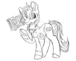 Size: 1024x819 | Tagged: safe, artist:mychelle, pony, unicorn, book, crossover, male, monochrome, ponified, sam winchester, sketch, solo, stallion, supernatural, watermark