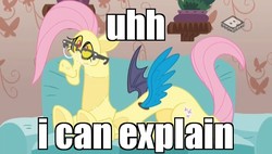 Size: 704x400 | Tagged: safe, edit, edited screencap, screencap, discord, discordant harmony, g4, fluttershy suit, image macro, meme, prehibernation week, spongebob squarepants, uhh i can explain