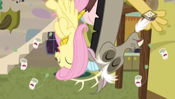 Size: 2560x1440 | Tagged: safe, screencap, discord, fluttershy, pony, discordant harmony, g4, animate object, boomerang (tv channel), discord's house, food, ginseng teabags, ginsing tea, laughing, tea, upside down