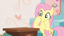 Size: 2560x1440 | Tagged: safe, screencap, fluttershy, pegasus, pony, discordant harmony, g4, bipedal, boomerang (tv channel), cute, excited, female, hooves on cheeks, mare, shyabetes, smiling, solo