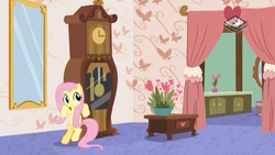 Size: 2560x1440 | Tagged: safe, screencap, fluttershy, pegasus, pony, discordant harmony, g4, bipedal, bipedal leaning, boomerang (tv channel), clock, cute, discord's house, female, leaning, mare, mirror, shyabetes, smiling, solo, weapons-grade cute