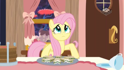 Size: 2560x1440 | Tagged: safe, screencap, fluttershy, pony, discordant harmony, g4, boomerang (tv channel), discord's house, female, food, mare, sandwich, solo, the discord zone