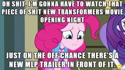 Size: 610x343 | Tagged: safe, edit, edited screencap, screencap, pinkie pie, rarity, human, equestria girls, g4, my little pony equestria girls, my little pony: the movie, blue eyes, brony, clash of hasbro's titans, curly hair, frown, image macro, in-universe pegasister, light skin, looking down, meme, pegasister, pink hair, pink skin, purple hair, sad, transformers, transformers: the last knight