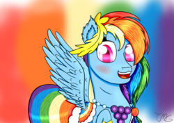 Size: 1280x905 | Tagged: safe, artist:tlmoonguardian, rainbow dash, pegasus, pony, g4, blushing, clothes, dress, female, gala dress, jewelry, mare, multicolored hair, necklace, pearl, solo