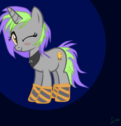 Size: 916x958 | Tagged: safe, artist:flowervalery13, oc, oc only, oc:frenzy nuke, pony, unicorn, blushing, clothes, collar, digital art, female, looking at you, mare, one eye closed, socks, solo, standing, striped socks, wink