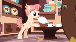 Size: 1024x576 | Tagged: safe, screencap, discord, raspberry vinaigrette, draconequus, earth pony, pony, discordant harmony, g4, bipedal, bipedal leaning, cup, duo, female, food, judgy clerk pony, leaning, male, mouth hold, offscreen character, plate, table, tea, teacup, teapot