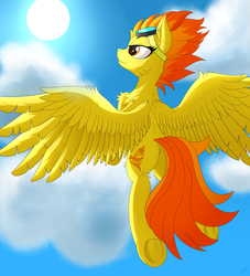 Size: 3000x3300 | Tagged: safe, artist:orangejuicerus, spitfire, pony, g4, chest fluff, female, flying, high res, mare, rear view, sky, solo