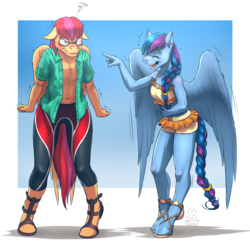 Size: 2799x2746 | Tagged: safe, artist:mykegreywolf, oc, oc only, oc:inquire pageturner, oc:whirly swirl, pegasus, anthro, unguligrade anthro, angry, anthro oc, bikini, clothes, commission, duo, eyes closed, female, femboy, floppy ears, glasses, high res, jammers, laughing, male, mare, open clothes, sandals, stallion, swimsuit, thick