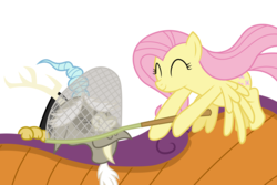 Size: 6000x4000 | Tagged: safe, artist:spottedlions, discord, fluttershy, pony, discordant harmony, g4, absurd resolution, butterfly net, duo, eyes closed, female, male, mare, net, smiling