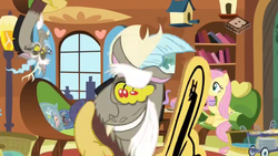 Size: 1024x576 | Tagged: safe, screencap, discord, fluttershy, draconequus, pegasus, pony, discordant harmony, g4, #1, boomerang (tv channel), faic, female, great moments in animation, male, mare, smear frame, wat