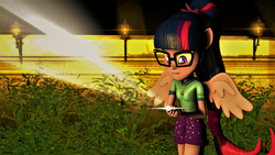 Size: 3840x2160 | Tagged: safe, artist:dj-chopin, sci-twi, twilight sparkle, equestria girls, g4, my little pony equestria girls: legend of everfree, 3d, clothes, female, flashlight (object), glasses, high res, magic, ponied up, sci-twilicorn, shirt, shorts, solo, source filmmaker, wings