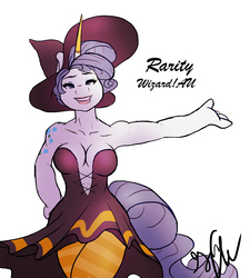 Size: 3099x3451 | Tagged: dead source, safe, artist:shellielle, rarity, unicorn, anthro, g4, absolute cleavage, alternate universe, alternative cutie mark placement, armpits, breasts, cleavage, female, hat, high res, looking at you, mare, shoulder cutie mark, smiling, solo, witch hat