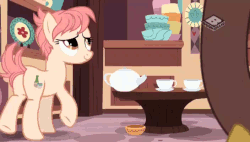 Size: 704x400 | Tagged: safe, screencap, discord, raspberry vinaigrette, draconequus, earth pony, pony, discordant harmony, g4, animated, bipedal, bipedal leaning, boomerang (tv channel), cup, cute, female, gif, leaning, mouth hold, plate, teacup, teapot