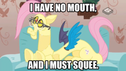 Size: 704x400 | Tagged: safe, edit, edited screencap, screencap, discord, discordant harmony, g4, fluttershy suit, glasses, i have no mouth and i must scream, image macro, male, meme, solo, text
