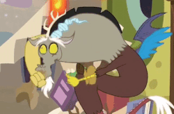 Size: 400x263 | Tagged: safe, screencap, discord, discordant harmony, g4, animated, context is for the weak, cropped, discord's house, fire, gif, hyperventilating, male, paper bag, solo