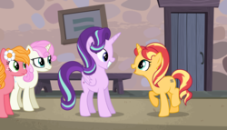 Size: 13978x8000 | Tagged: safe, artist:bubblestormx, starlight glimmer, sunflower (g4), sunset shimmer, twinkleshine, alicorn, pony, unicorn, g4, the cutie map, absurd resolution, alicornified, alternate hairstyle, alternate universe, equal cutie mark, our town, race swap, starlicorn